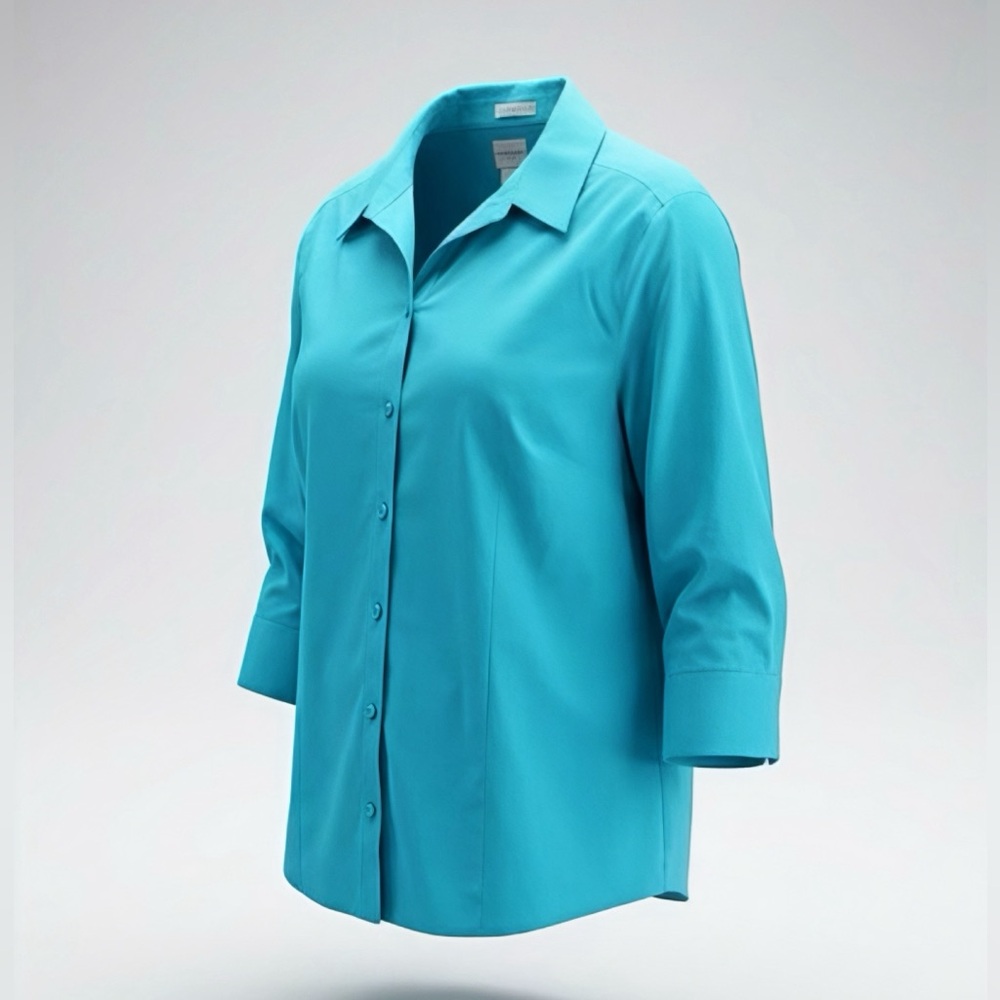 Chico’s Size 3 Turquoise No-Iron Button Front Blouse 3/4 Sleeve Stretch Top